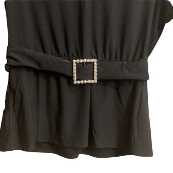 AUW Dressy Blouse Women's Size M Black Sheer Long Sleeves Gold Pearl Belt - Picture 5 of 12